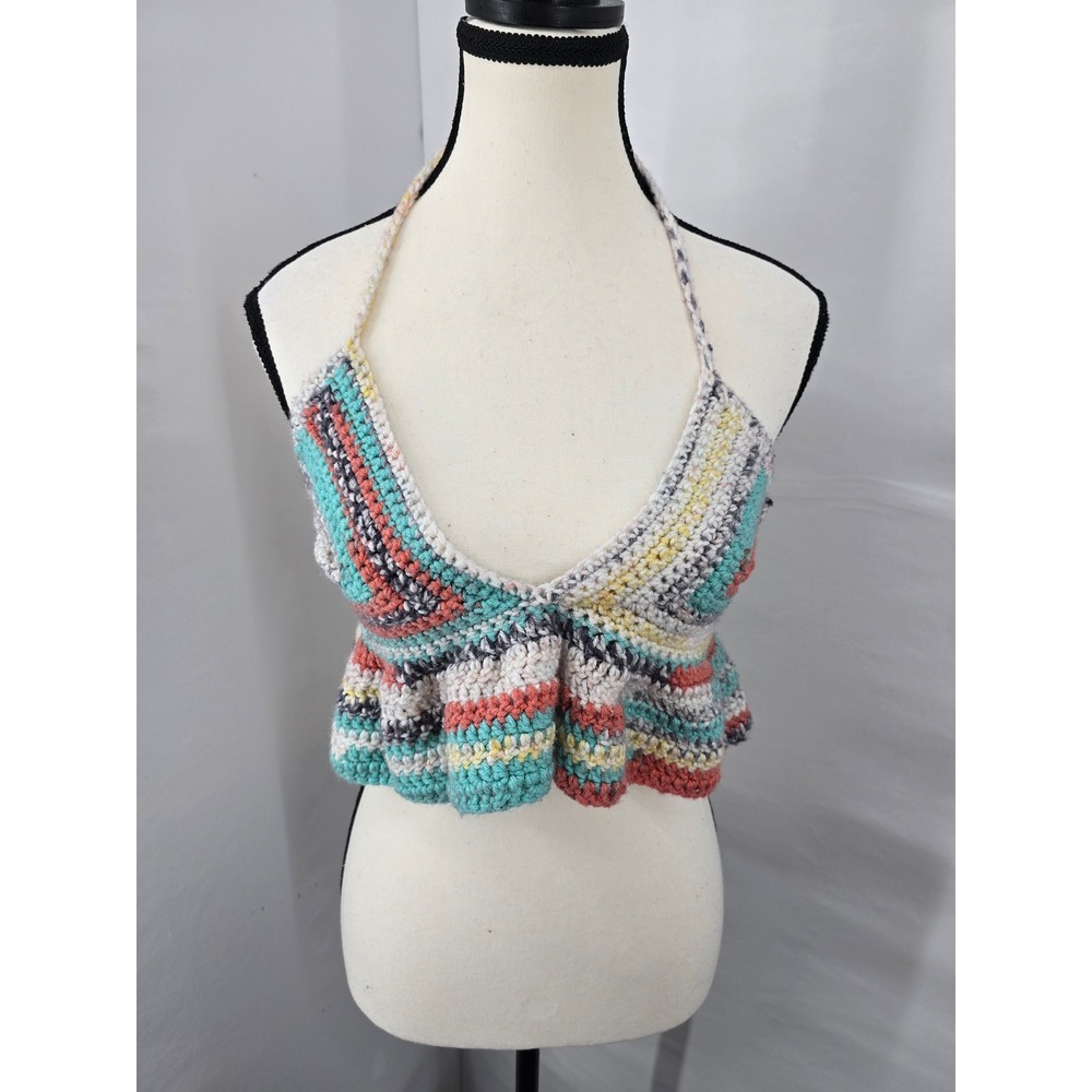 Handmade Crochet Halter Top Multi Color Striped Boho Ruffle Crop Top Small